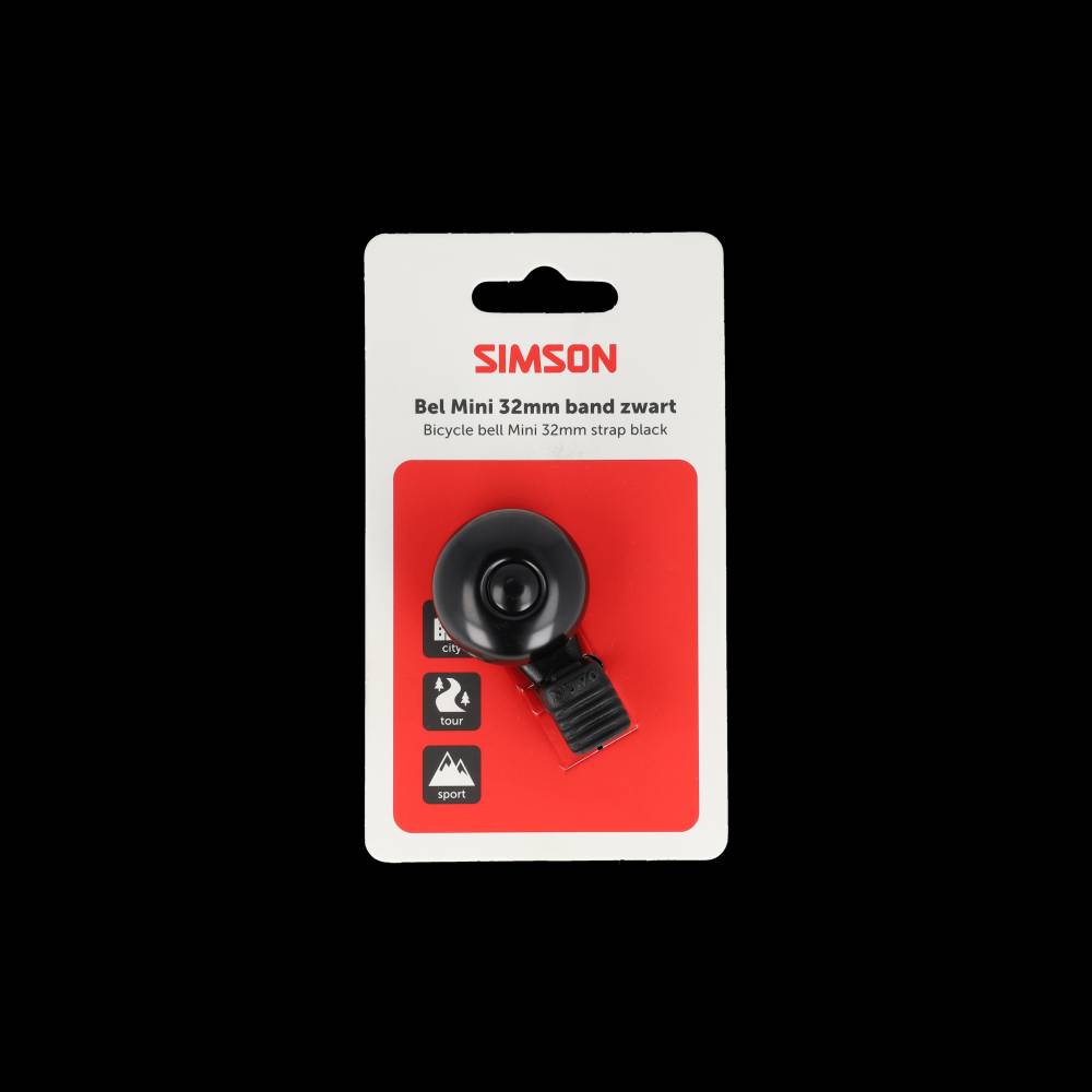 Simson Mini-Fahrradklingel mit 32-mm-Flexbandbefestigung, schwarz
