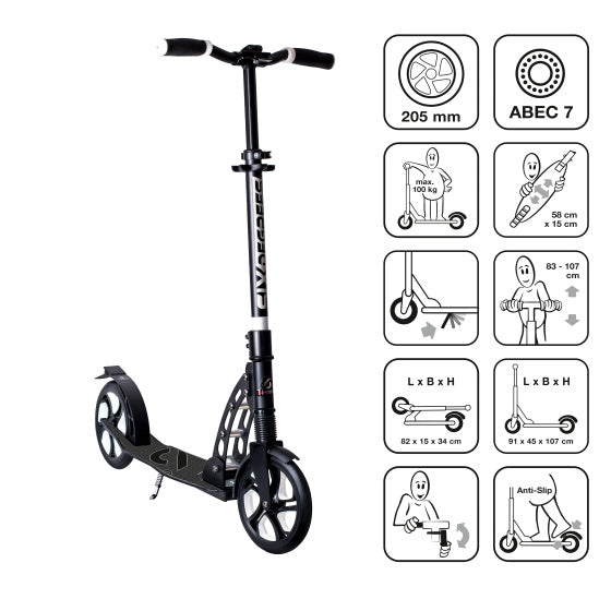 Sechs Grad 2-Rad-Roller mit advanced faderfaltbarer Fußbremse schwarz