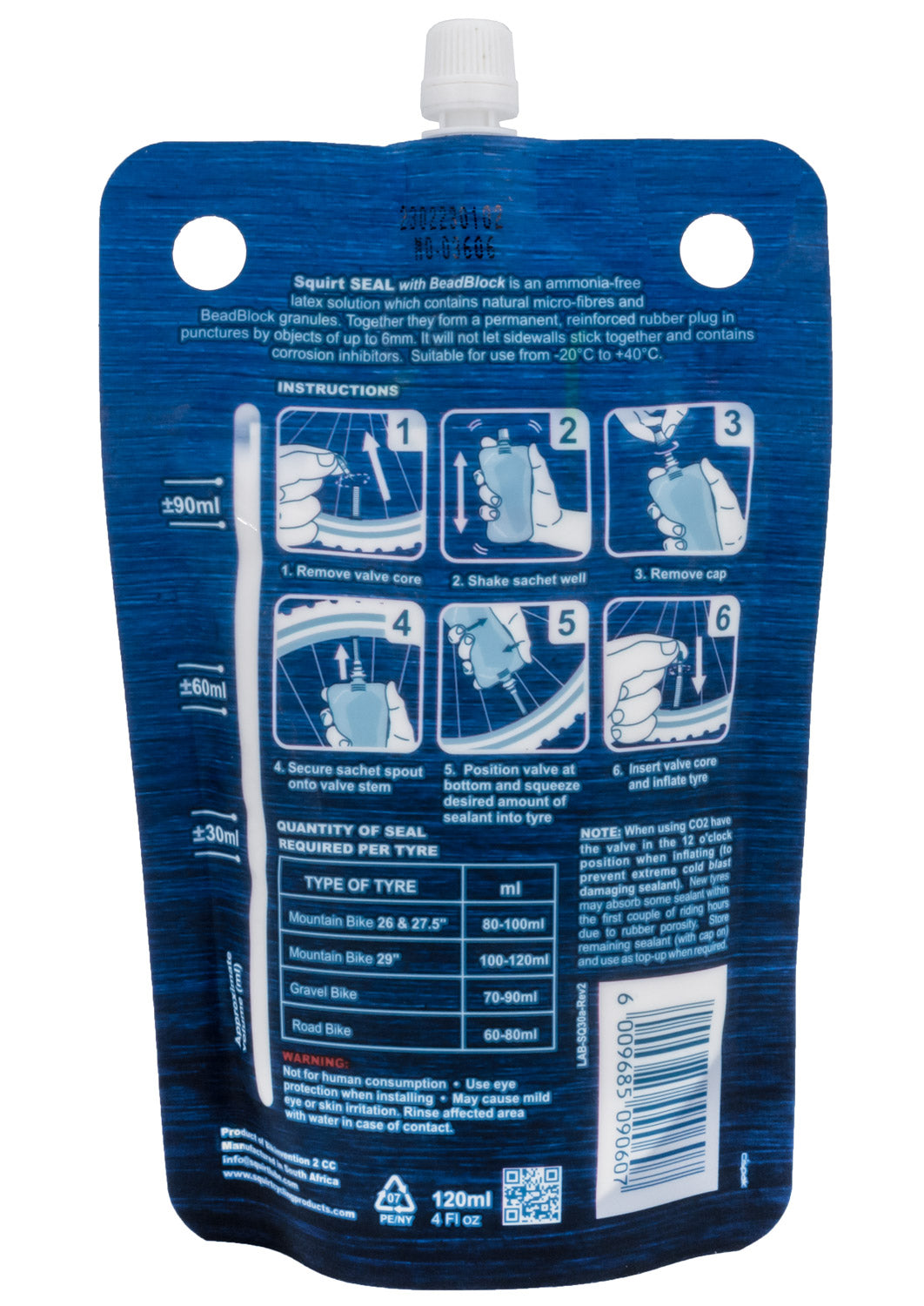 Squirt tire sealant beadblock 120ml bag