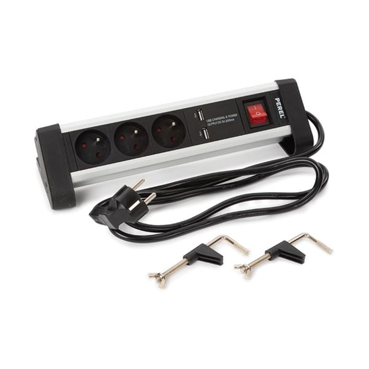 Perel stekkerdoos met schakelaar, 3 stopcontacten met penaarde (type e), 2 usb-poorten, kabel 1.4 m, 3g1.5, gebruik binnenshuis, zwart grijs
