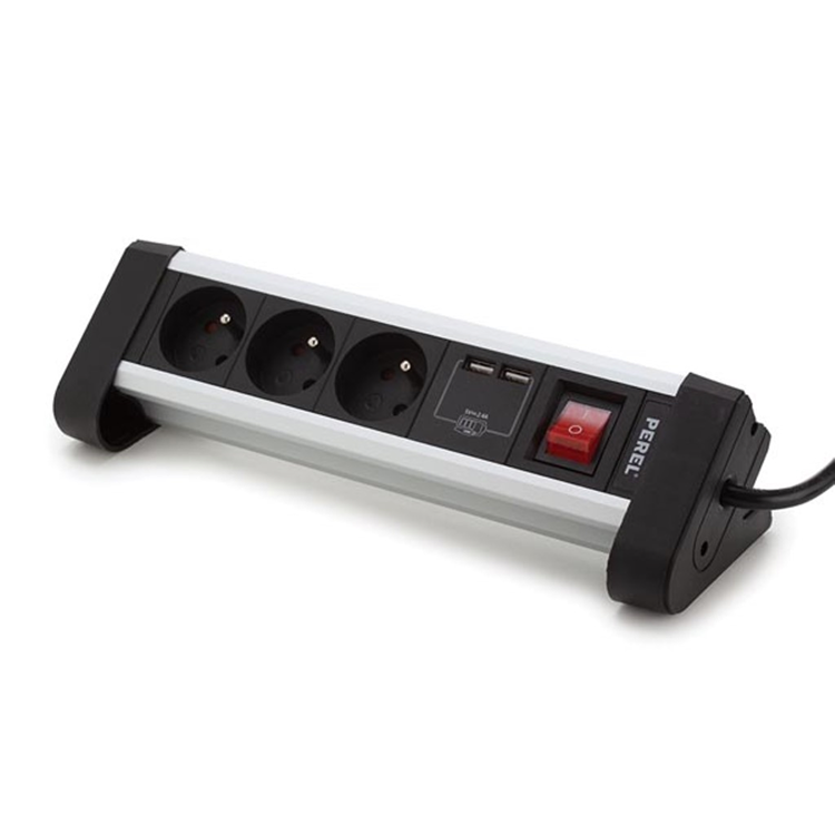 Perel stekkerdoos met schakelaar, 3 stopcontacten met penaarde (type e), 2 usb-poorten, kabel 1.4 m, 3g1.5, gebruik binnenshuis, zwart grijs
