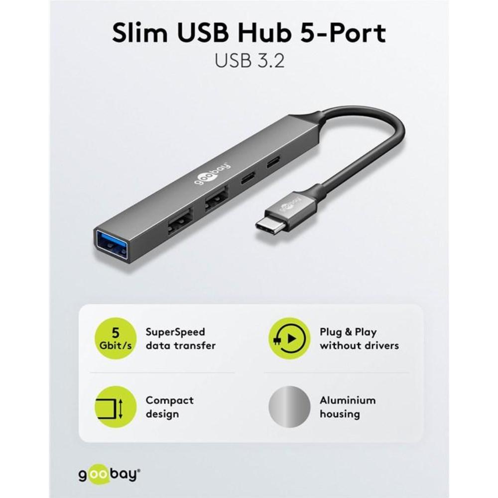 Goobay slanke usb-hub met 5 poorten, usb-c naar usb-c usb-a, 5 gbit s (lichtgrijs)