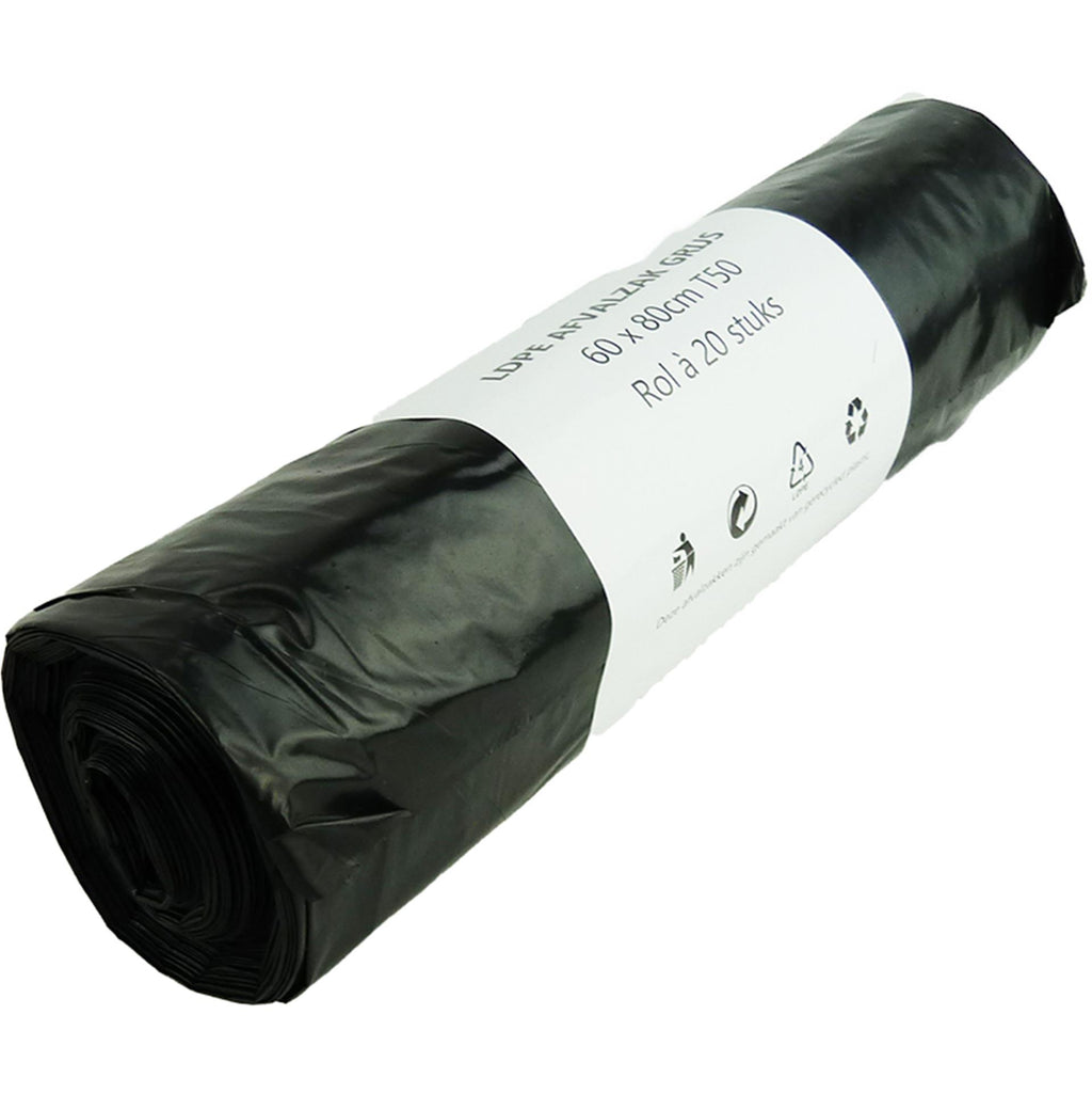 Afvalzak 60l grijs 20 stuks op rol 60x80cm dikte 50mu