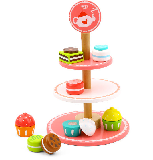 Tooky Toy Holzetagere mit Gebäck Rosa/Weiß 12 Stück