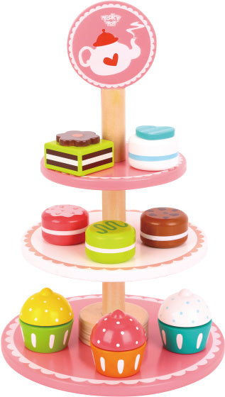 Tooky Toy Holzetagere mit Gebäck Rosa/Weiß 12 Stück